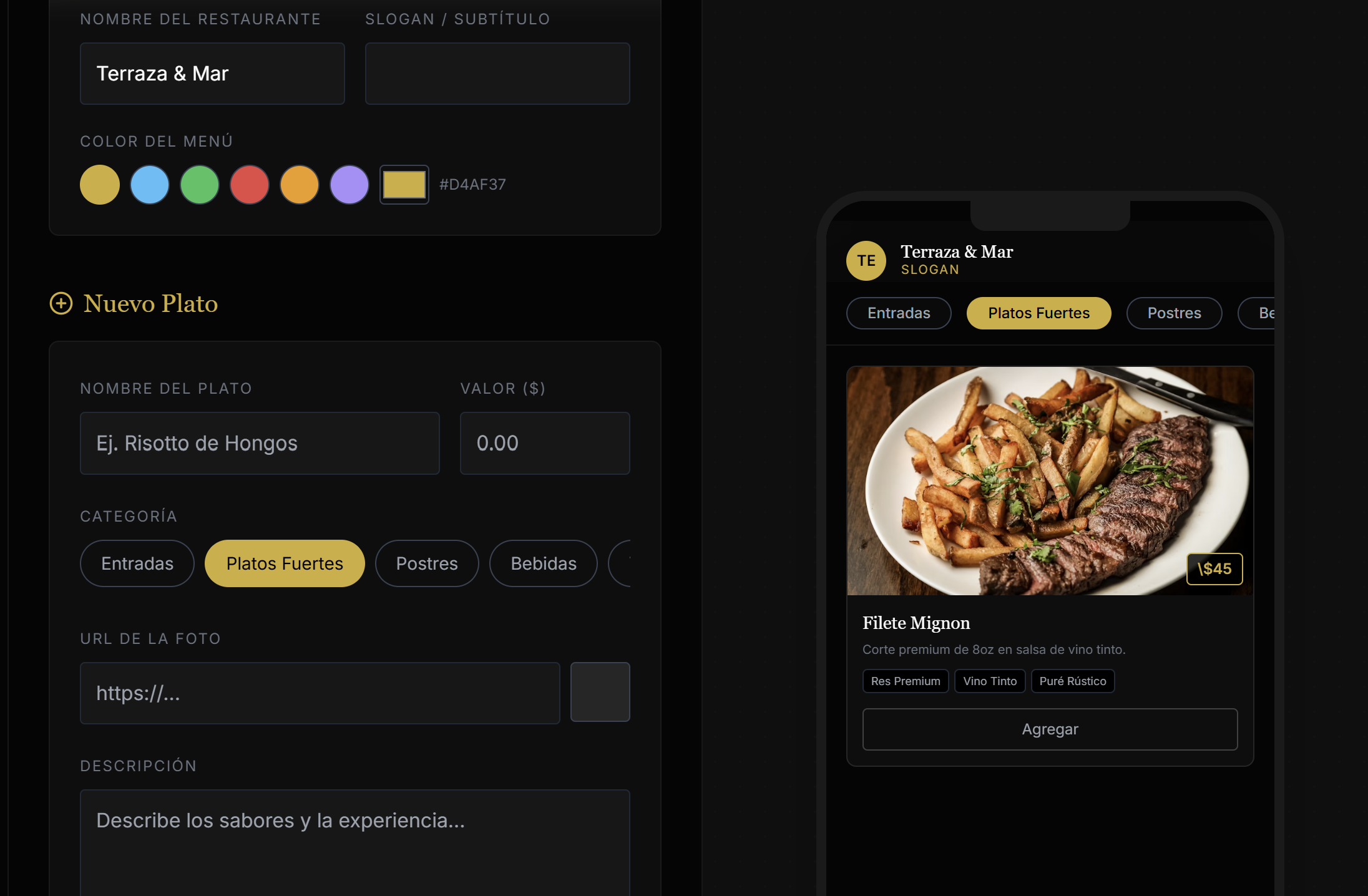 Constructor de menú: edición de platos y precios