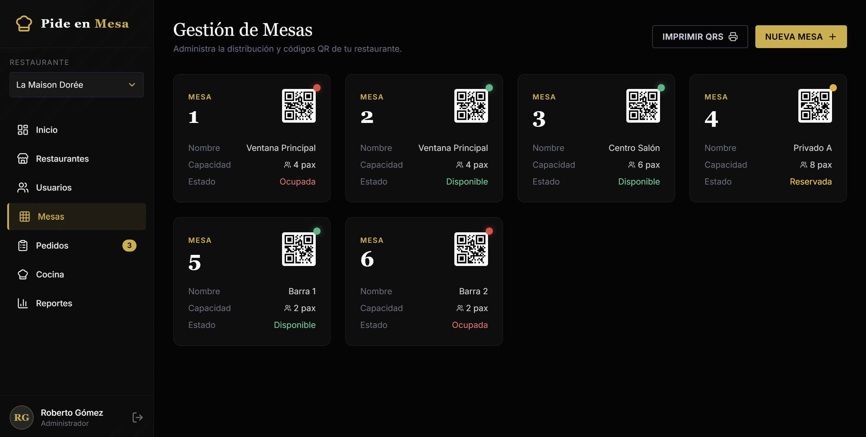 Mesas: estado en tiempo real